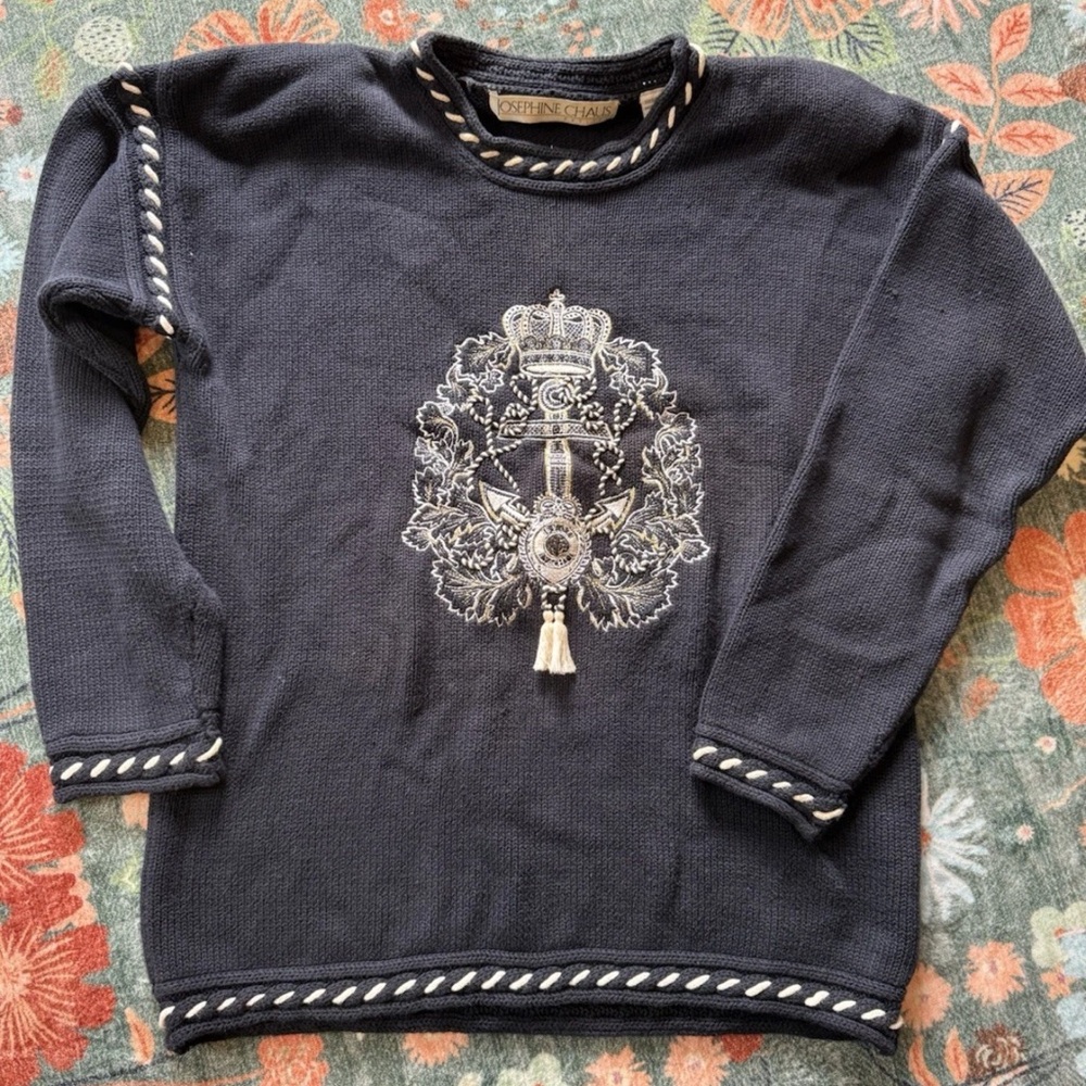 VTG Josephine Chaus Sweater 100% Cotton‎ Sweater Navy Blue Nautical Embroidery